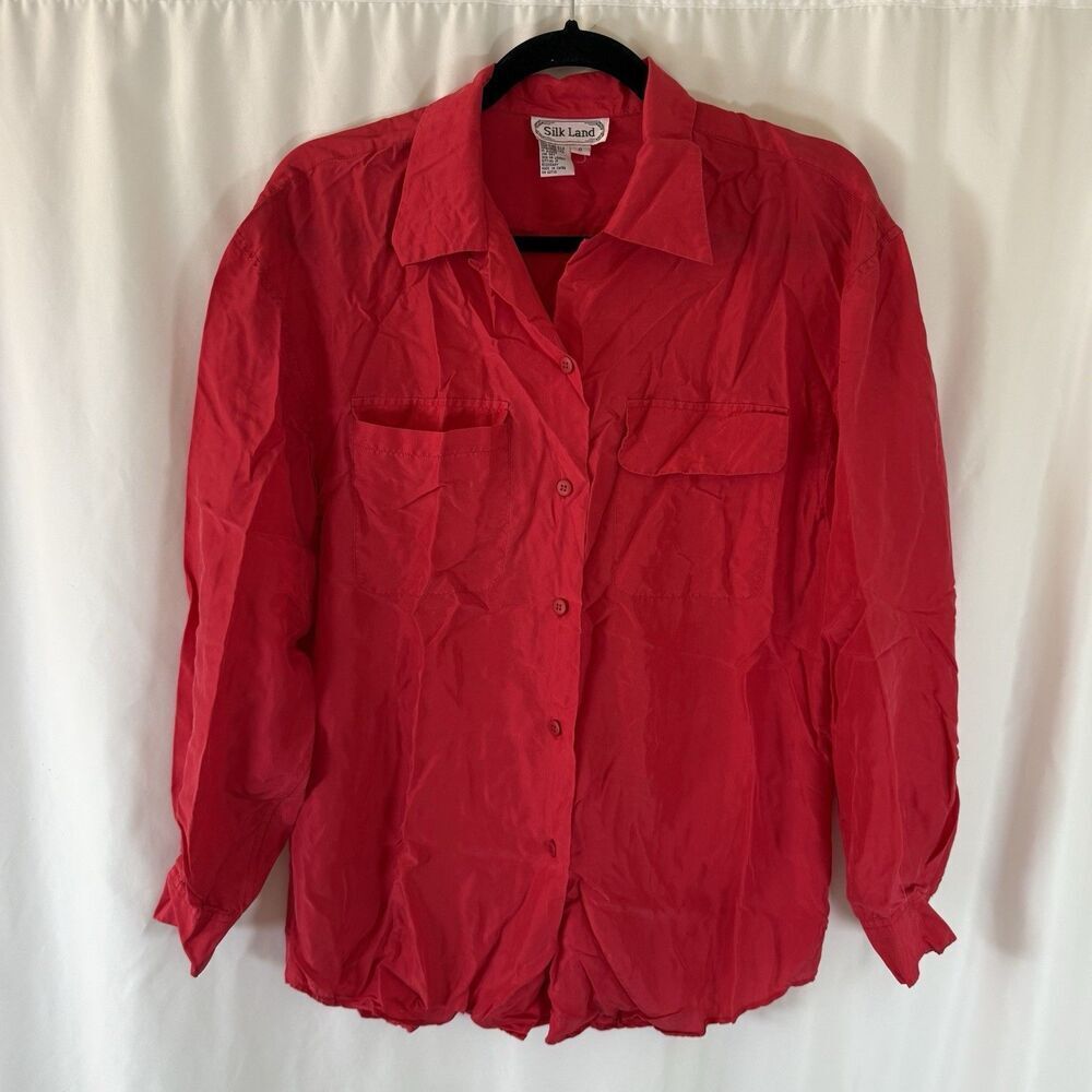 Silk Land Shirt Women's Small Red Button Up Long Sleeve 100% Pure Silk